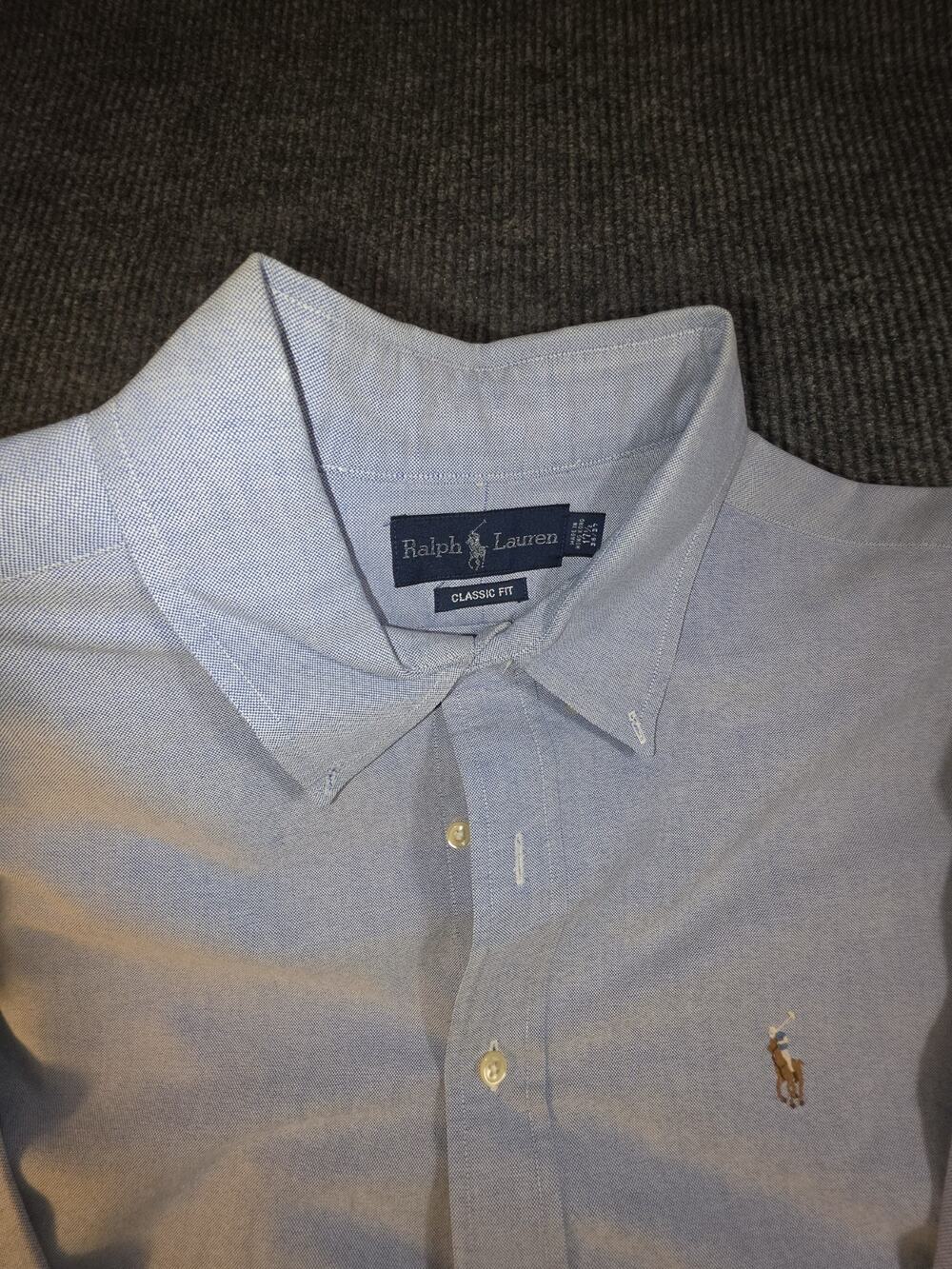 Ralph Lauren Mens Light Blue Shirt Plaid Size 17 34-35 Light Spots, Stain